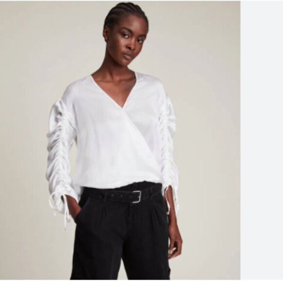 All Saints Preslie Ruched Sleeve Silk Top Chalk White - Picture 1 of 9
